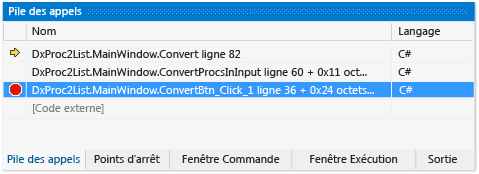 Point d'arrêt dans la fenêtre Pile des appels