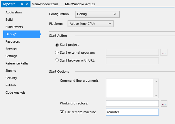 Page de propriétés du projet de débogage