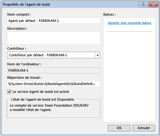 Boîte de dialogue Propriétés de l'agent de build