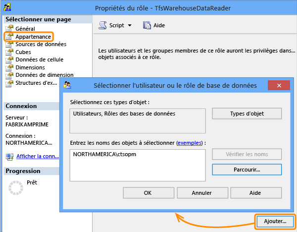 Ajouter un membre au rôle de lecteur de données Tfs_Analysis