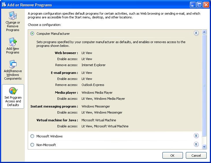 Set Program Access and Defaults computer manufacturer options