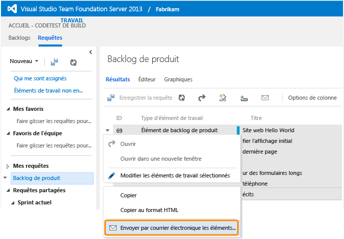 Envoyer par courrier électronique les éléments de travail sélectionnés