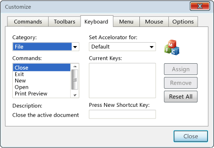 Onglet Clavier de la boîte de dialogue Personnalisation