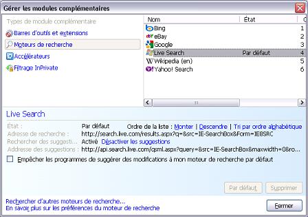 Boîte de dialogue Gérer les modules complémentaires d'Internet Explorer.