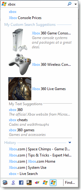 Suggestions de recherche visuelles et textuelles pour le terme « Xbox ».