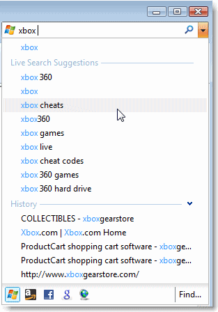  Menu déroulant des suggestions proposées par Windows Live Search.