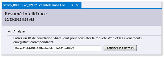 Journal IntelliTrace - Entrer un ID de corrélation SharePoint