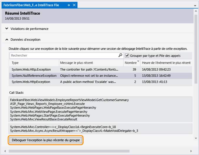 Commencer le débogage à partir d'un événement d'exception