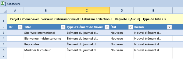 Ajouter des éléments de travail à Excel