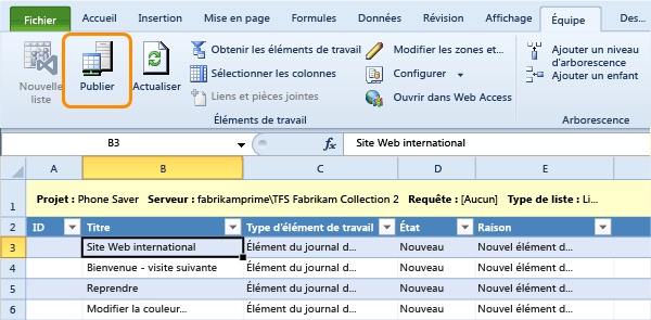 Publier des éléments de travail à partir d'Excel dans TFS