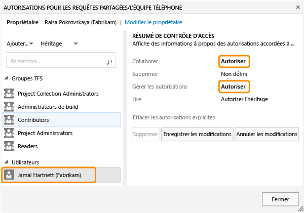 Boîte de dialogue Autorisations pour une requête