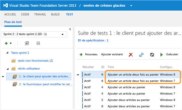 Configurations requises dans les listes de tests.