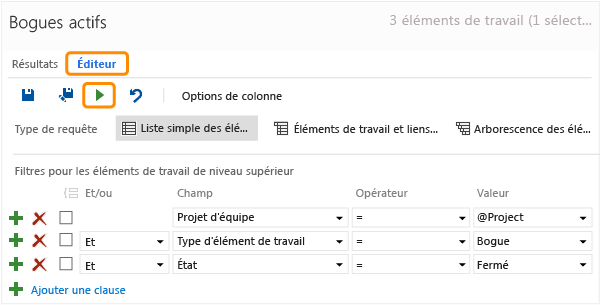 Vue de l'éditeur d'une requête de liste plate