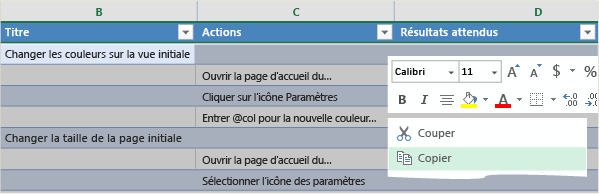 Enregistrer les cas de test copiés dans l'affichage de grille