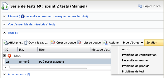 Page d'analyse des séries de tests dans MTM