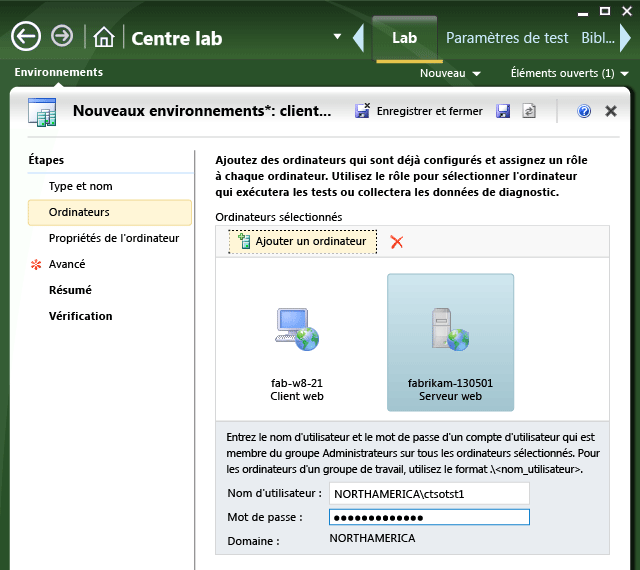 L'onglet des ordinateurs dans l'assistant du nouvel environnement.