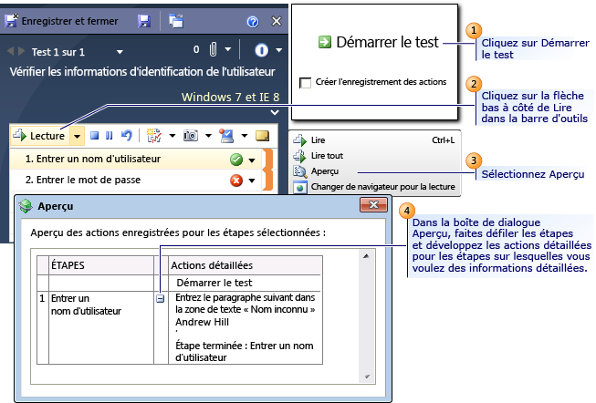 Afficher un aperçu des étapes des actions contenues dans un test chargé