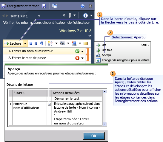 Aperçu des étapes des actions contenues dans un test déjà chargé