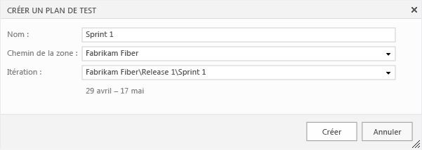Bouton Créer dans la boîte de dialogue Créer un plan de test