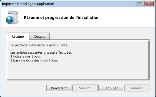 Boîte de dialogue Progression et résumé de l'installation