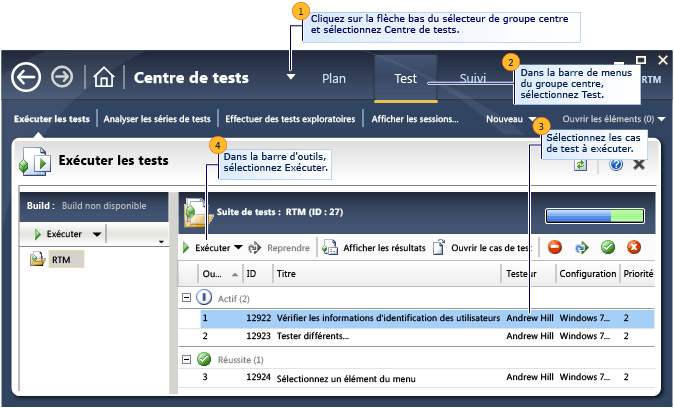 Sélection du test à exécuter dans Microsoft Test Manager