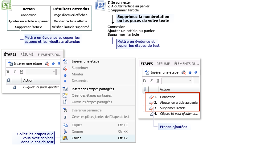 Ajouter des étapes de test à partir de Microsoft Excel ou Word
