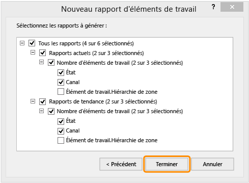 Nœuds développés, boîte de dialogue rapport Nouvel élément de travail