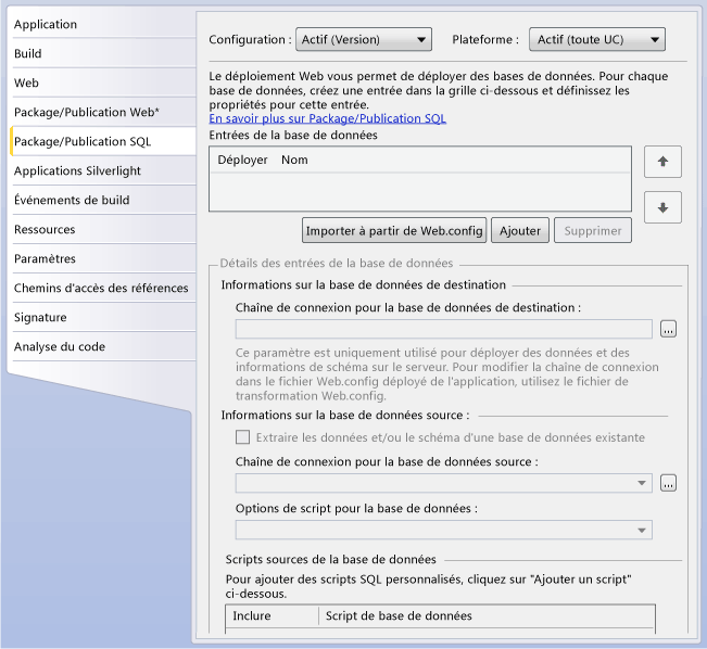 Onglet Package/Publication SQL