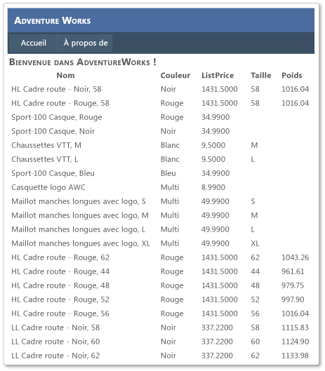 Page par défaut de l'application Web Adventure Works