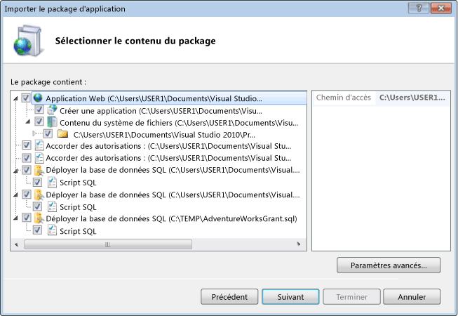 Boîte de dialogue Sélectionner le contenu du package