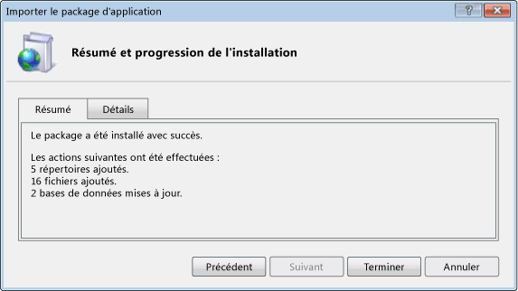 Boîte de dialogue Progression et résumé de l'installation