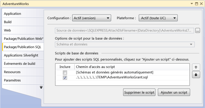 Grille Scripts de base de données dans Package/Publication SQL