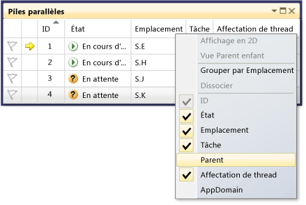 Menu de la vue Raccourci dans la fenêtre Tâches parallèles