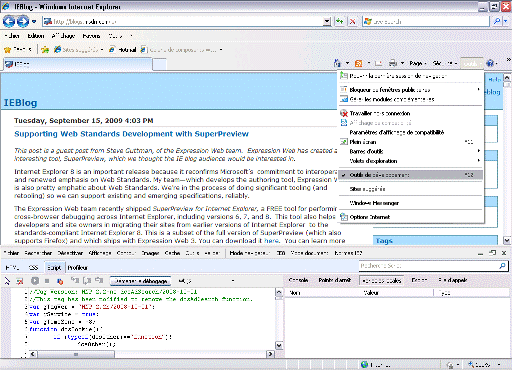 Cette figure montre l'emplacement de l'option Outils de développement et du bouton Fermer dans Internet Explorer 8.