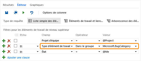 Clause de requête pour rechercher des éléments de travail par catégorie