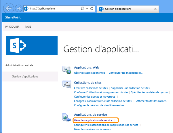 Choisir Gérer les applications de service