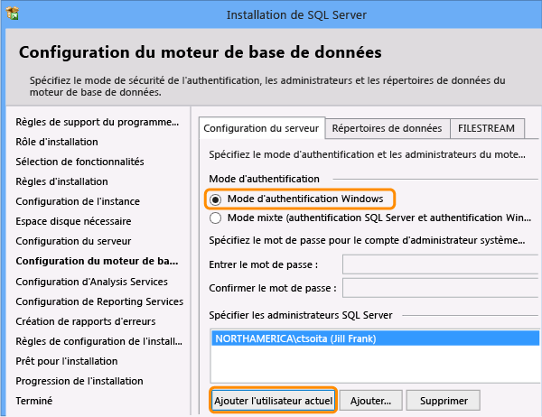 Configuration du moteur de la base de données