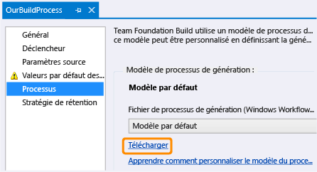 Lien Télécharger sous l'onglet Processus de définition de build