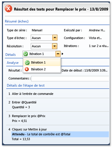 Afficher les résultats des tests pour un test avec itérations