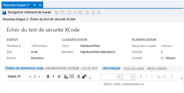 Formulaire d'élément de travail Bogue (modèle de processus Agile)