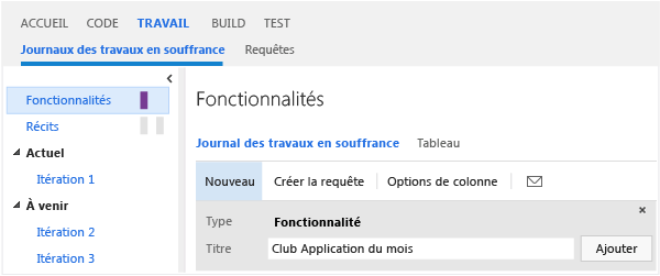 Volet d'ajout rapide, page de Backlog de portefeuille de fonctionnalités