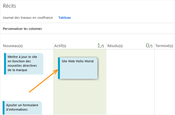 Panneau kanban avec mise à jour de récit