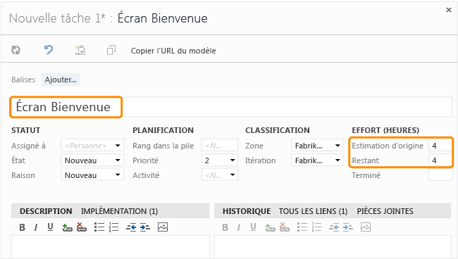 Formulaire d'élément de travail pour la tâche