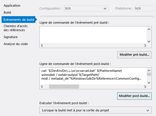 Étapes post-build dans la page des propriétés Visual Studio