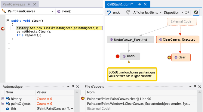 Mettre à jour le Code de mappage avec la pile d'appels suivante