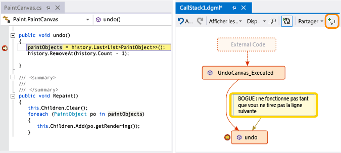 Ajouter un commentaire à la pile d'appels sur le code de mappage