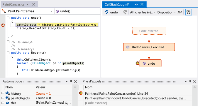 Voir pile d'appels sur carte du code