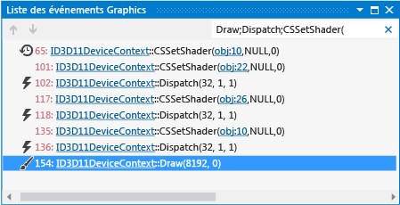 La liste des événements affiche les événements draw, Dispatch et CSSetShader