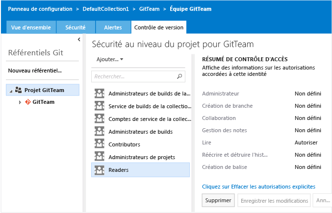 Page Autorisations pour un projet Git dans le contexte d'administration