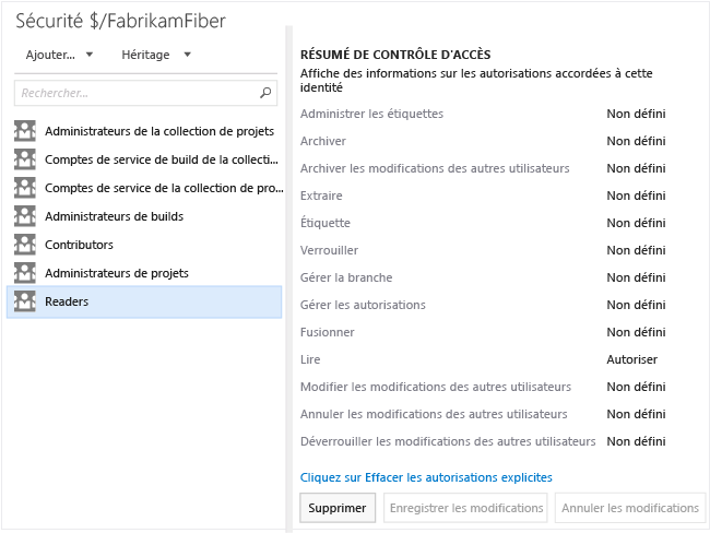 Page Autorisations pour le contrôle de version TF